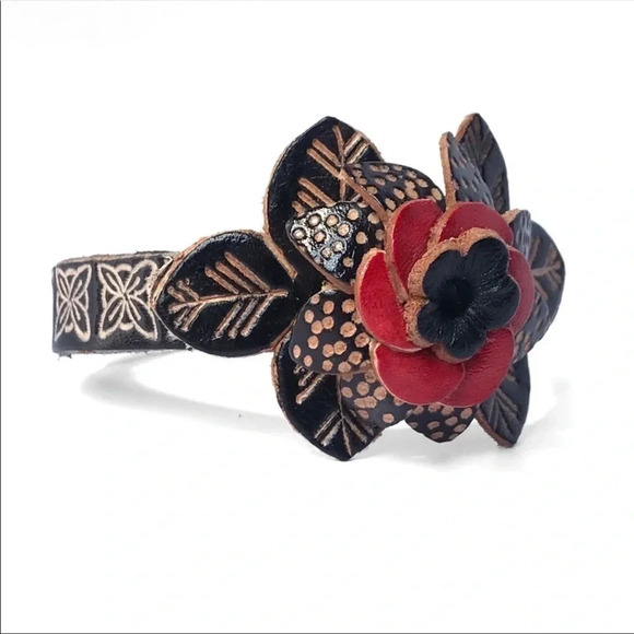 Handmade Genuine Leather Flower Bracelet | Boho Artisan Adjustable Cuff - Picture 3 of 5